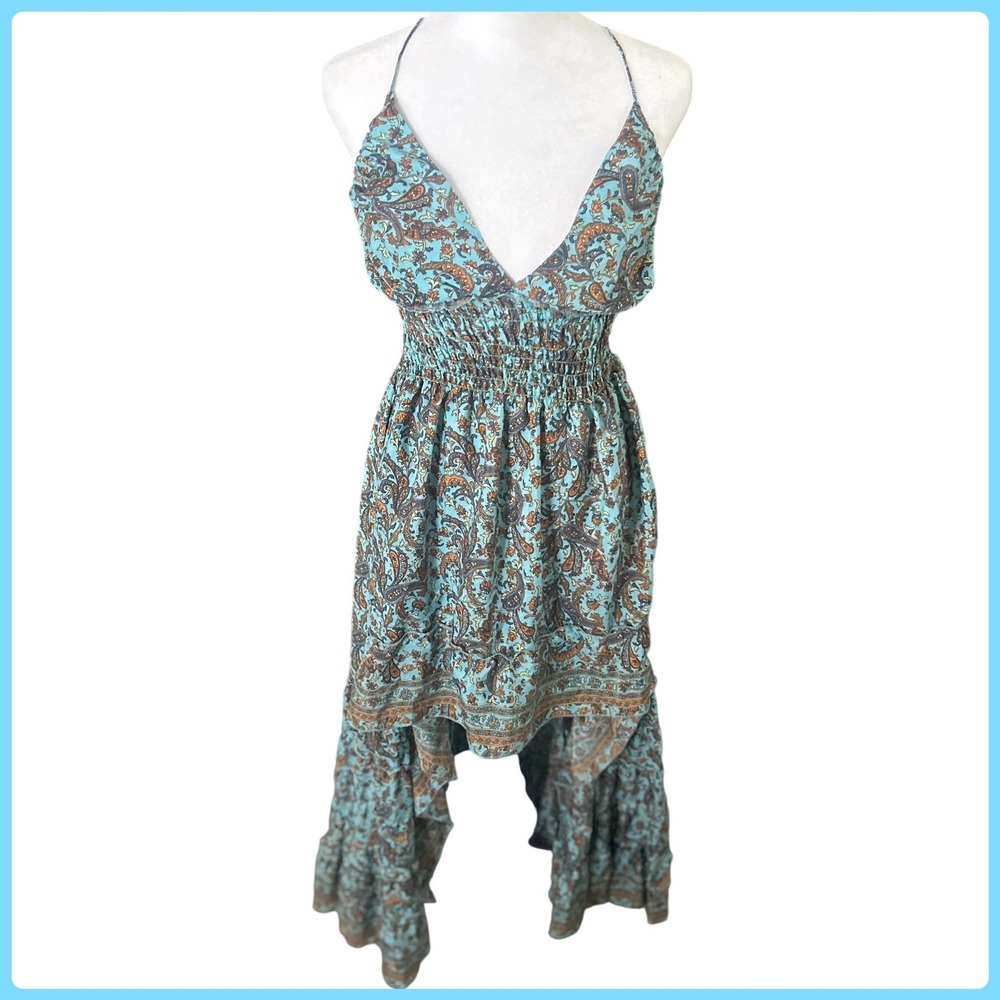 Zury Silk Blend Paisley Halter High Low Smocked Midi Dress Turquoise Free Size‎